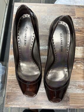 Gianni Bini Women's Patent Peep-Toe Pumps in Dark Brown